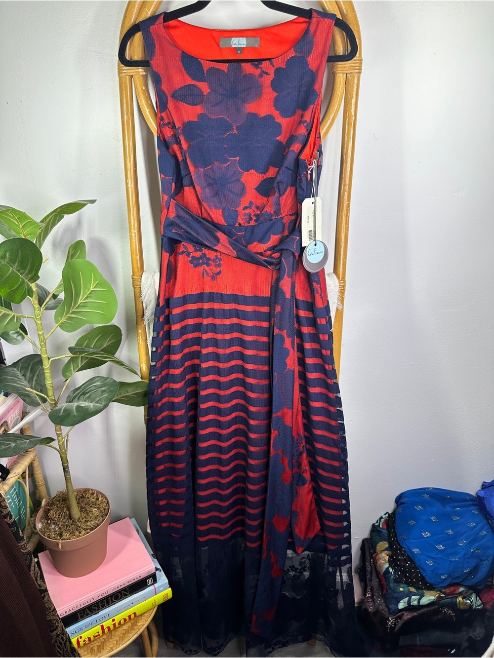 NWT Anthropologie Eva Franco Red and Blue Floral Striped Dress sz 8